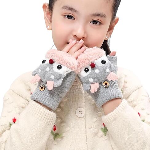 Kids Convertible Flip Top Gloves Cute Reindeer Knitted Gloves Fingerless Fleece Gloves for Boys Girls 3-8 Year in Saudi Arabia