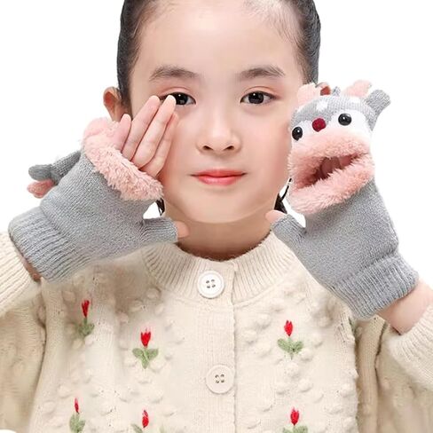 Kids Convertible Flip Top Gloves Cute Reindeer Knitted Gloves Fingerless Fleece Gloves for Boys Girls 3-8 Year in Saudi Arabia