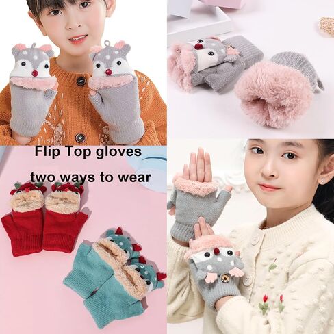 Kids Convertible Flip Top Gloves Cute Reindeer Knitted Gloves Fingerless Fleece Gloves for Boys Girls 3-8 Year in Saudi Arabia