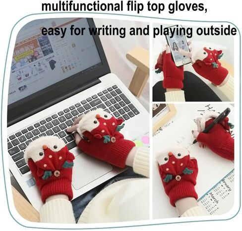 Kids Convertible Flip Top Gloves Cute Reindeer Knitted Gloves Fingerless Fleece Gloves for Boys Girls 3-8 Year in Saudi Arabia