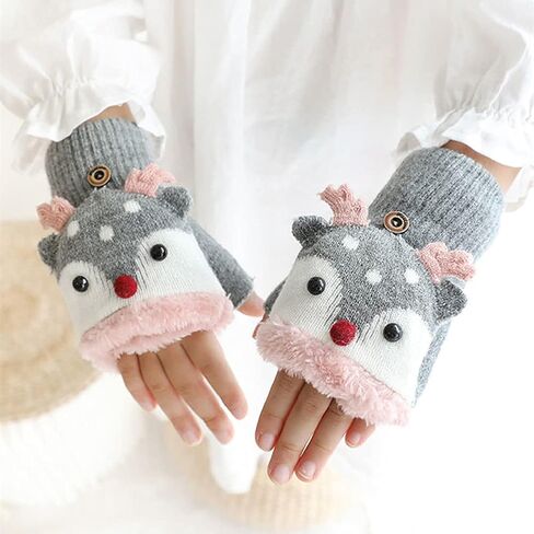 Kids Convertible Flip Top Gloves Cute Reindeer Knitted Gloves Fingerless Fleece Gloves for Boys Girls 3-8 Year in Saudi Arabia