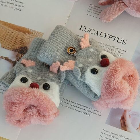 Kids Convertible Flip Top Gloves Cute Reindeer Knitted Gloves Fingerless Fleece Gloves for Boys Girls 3-8 Year in Saudi Arabia