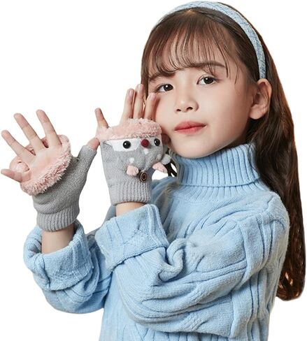 Kids Convertible Flip Top Gloves Cute Reindeer Knitted Gloves Fingerless Fleece Gloves for Boys Girls 3-8 Year in Saudi Arabia