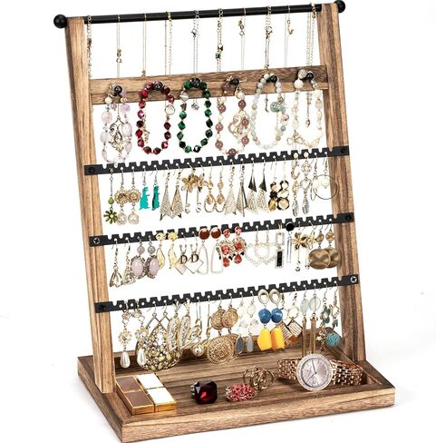 منظم حامل القرط من ميراتينو، حامل القرط مع صينية خشبية ريفية، منظم مجوهرات 5 طبقات مع 129 فتحة قرط، حامل عرض القرط للأقراط والقلائد والأساور والخواتم in Kuwait