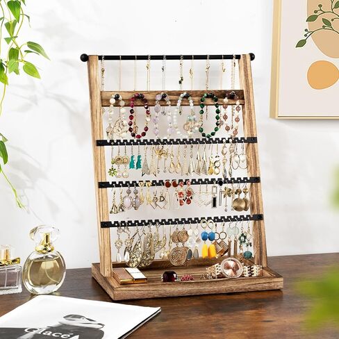 منظم حامل القرط من ميراتينو، حامل القرط مع صينية خشبية ريفية، منظم مجوهرات 5 طبقات مع 129 فتحة قرط، حامل عرض القرط للأقراط والقلائد والأساور والخواتم in Kuwait
