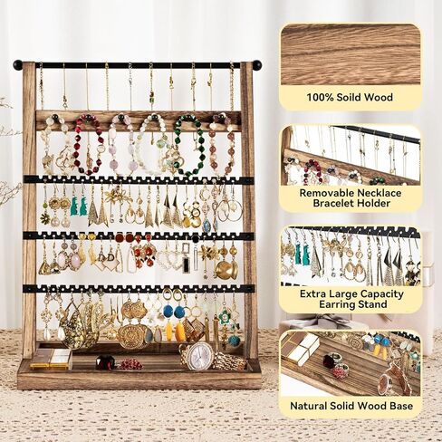 منظم حامل القرط من ميراتينو، حامل القرط مع صينية خشبية ريفية، منظم مجوهرات 5 طبقات مع 129 فتحة قرط، حامل عرض القرط للأقراط والقلائد والأساور والخواتم in Kuwait
