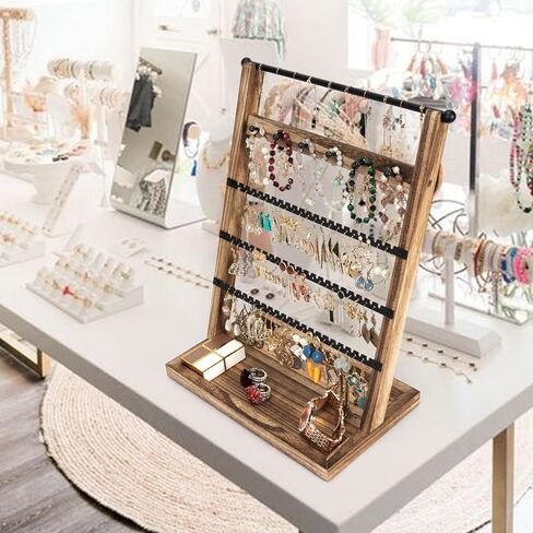 منظم حامل القرط من ميراتينو، حامل القرط مع صينية خشبية ريفية، منظم مجوهرات 5 طبقات مع 129 فتحة قرط، حامل عرض القرط للأقراط والقلائد والأساور والخواتم in Kuwait