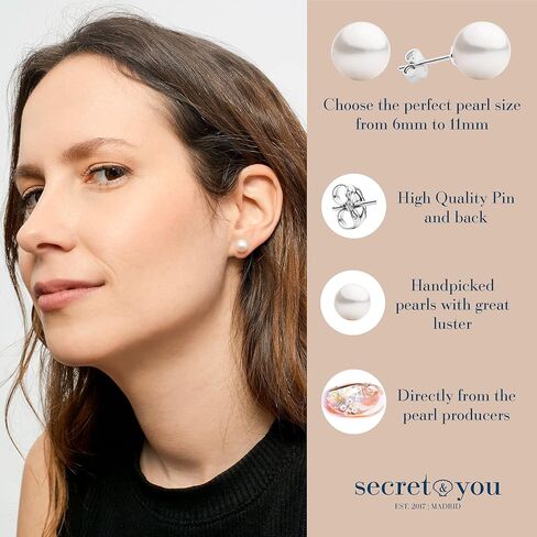 أقراط اللؤلؤ النسائية لآلئ المياه العذبة المزروعة سر وأنت | زر مرتفع، بالقرب من اللآلئ المستديرة | حوامل من الفضة الإسترليني عيار 925 | متوفر بخمسة مقاسات من 6 - 6.5 ملم إلى 10 - 10.5 ملم in Kuwait