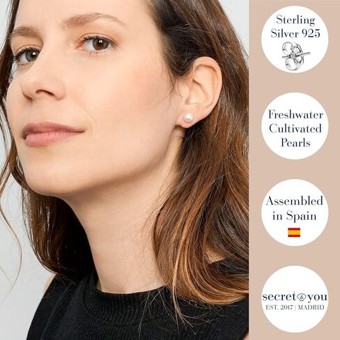 أقراط اللؤلؤ النسائية لآلئ المياه العذبة المزروعة سر وأنت | زر مرتفع، بالقرب من اللآلئ المستديرة | حوامل من الفضة الإسترليني عيار 925 | متوفر بخمسة مقاسات من 6 - 6.5 ملم إلى 10 - 10.5 ملم in Kuwait