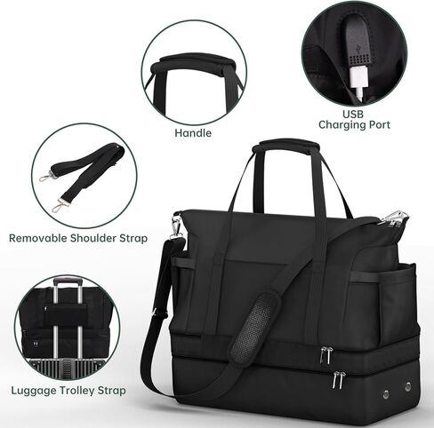 Travel Duffel Bag with USB Charging Port,Dry & Wet Separated Sports Gym Bag for Women Men,Waterproof Holdall Bag with Shoe Compartment,Weekender Overnight Bag Cabin Bag,Hospital Tote Bag Carry On Bag in Kuwait