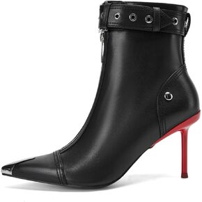 CAGLGLZ Women's fashion Metal Pointe Toe Heel Boots Sexy Zip Ankle Stilettos Booties with Strap Buckle Party Dress High Heels for Women