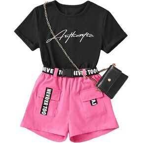 OYOANGLE Girl's 2 Piece Outfits Letter Graphic Round Neck Tee Shirt and Buckle Belted Shorts Set