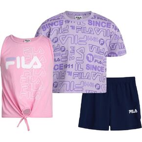 Fila Girls' Active Shorts Set - 3 Piece Performance Shirt and Gym Shorts - Athletic Clothing Set for Girls (7-12) in Saudi Arabia