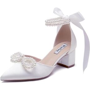 Block Heel Wedding Shoes for Bride Satin Pearl Bridal Heels Closed Toe Wedding Heels in Kuwait