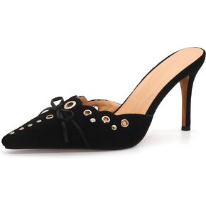 BIUBAKUA Kitten Heels for Women,Studded Silp On Bow Heeled Mules, Faux Suede Pointed Toe Heels Sandals Kitten Heel Pumps