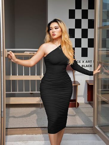 LAGSHIAN Women's Elegant Bodycon One Shoulder Long Sleeve Ruched Midi Cocktail Party Dress in Kuwait