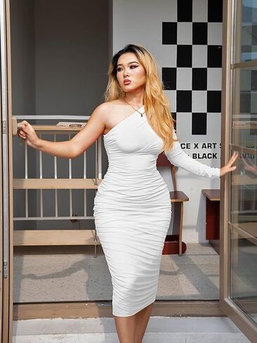 فستان LAGSHIAN نسائي أنيق بكتف واحد وأكمام طويلة مكشكش لحفلات الكوكتيل in Saudi Arabia