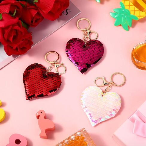 Hotop 60 Pieces Valentines Heart Sequin Keychain Valentine's Glitter Key Chains Flip Sequin Key Rings Valentine's Day Party Favors for Women Kids Wedding Gift Exchange, 3 Colors in Kuwait
