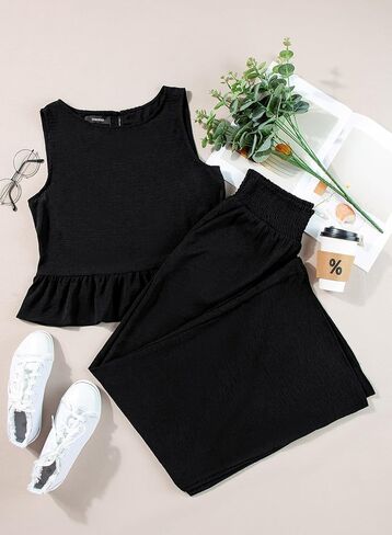 Dokotoo Pants Sets Women 2 Piece Outfits Sleeveless Round Neck Tank Tops Matching Sets for Women Elastic Waist Wide Leg in Kuwait