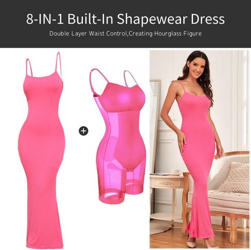 فستان SherryDC النسائي المشكل للتحكم في البطن، فستان ضيق للجسم، زلات كاملة مدمجة في حمالة الصدر 8 في 1، فستان طويل بدون أكمام in Kuwait