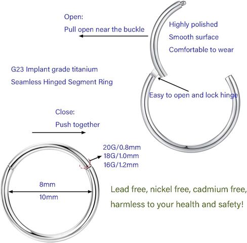 FLOGWE G23 حلقات أنف مفصلية من التيتانيوم من الدرجة المزروعة، 16 جرام 18 جرام 20 جرام قطر 8 مم / 10 مم حلقات أنف من قطعة التيتانيوم، حلقة حاجز الشفاه، أقراط حلقية غضروفية للرخ، دايث، الزنمة، حلقة ثقب مضادة للحساسية للنساء والرجال in Kuwait