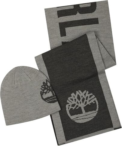 Timberland Men's Reversible Hat Logo Jacquard Scarf Set, Light Heather Grey, One Size in Saudi Arabia