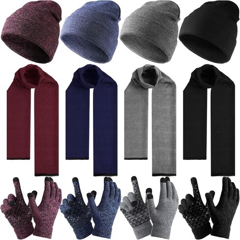 JaGely 12 Pcs Hat Scarf and Gloves Set Mens Winter Warm Beanie Gloves Scarf Knit Fleece Lining Women Skull Cap Glove Scarf Bulk Gift in Kuwait