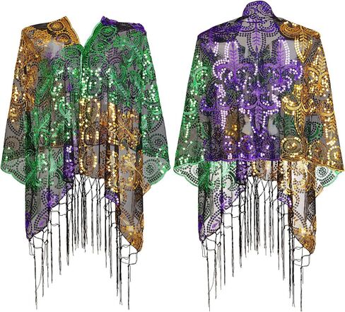 Geyoga 4 Pack Mardi Gras Costume Accessories Set Including Tassel Shawl Scarf, Masquerade Mask, Feather Glitter Headband, Dangle Earrings for Carnival Celebration Parade Dress Party in Saudi Arabia