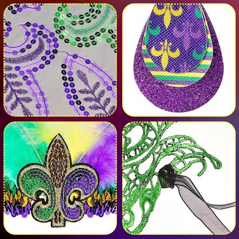 Geyoga 4 Pack Mardi Gras Costume Accessories Set Including Tassel Shawl Scarf, Masquerade Mask, Feather Glitter Headband, Dangle Earrings for Carnival Celebration Parade Dress Party in Saudi Arabia