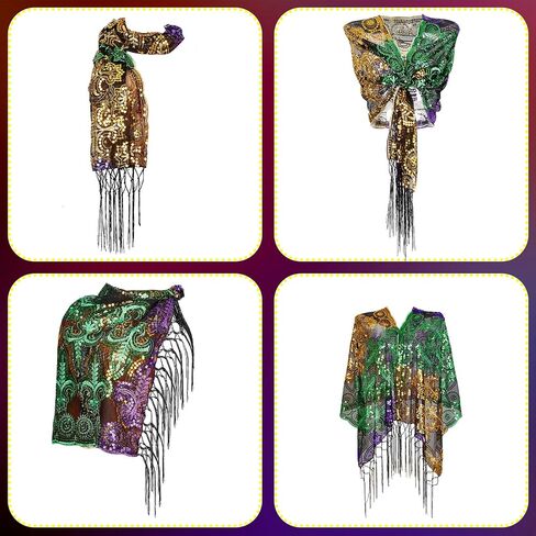 Geyoga 4 Pack Mardi Gras Costume Accessories Set Including Tassel Shawl Scarf, Masquerade Mask, Feather Glitter Headband, Dangle Earrings for Carnival Celebration Parade Dress Party in Saudi Arabia