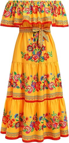 Women Mexican Dress Summer Floral Print Traditional Ethnic Wear Off Shoulder Beach Holiday Party Long Maxi Gowns in Saudi Arabia