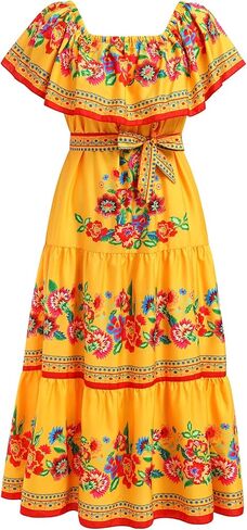 Women Mexican Dress Summer Floral Print Traditional Ethnic Wear Off Shoulder Beach Holiday Party Long Maxi Gowns in Saudi Arabia