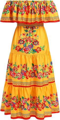 Women Mexican Dress Summer Floral Print Traditional Ethnic Wear Off Shoulder Beach Holiday Party Long Maxi Gowns in Saudi Arabia