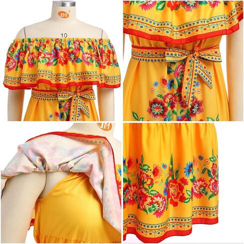 Women Mexican Dress Summer Floral Print Traditional Ethnic Wear Off Shoulder Beach Holiday Party Long Maxi Gowns in Saudi Arabia