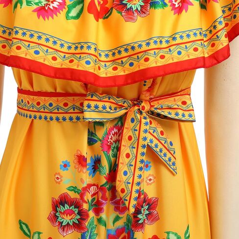Women Mexican Dress Summer Floral Print Traditional Ethnic Wear Off Shoulder Beach Holiday Party Long Maxi Gowns in Saudi Arabia