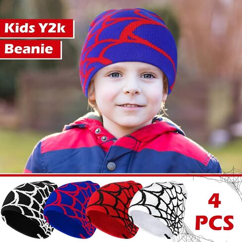 Silicherry 4 Pcs Kids Spider Beanie Hat Y2k Hat for Kids Gothic Spider Pattern Hat Winter Warm Knitted Beanie for Kids Boys Girls Halloween Outdoor in Saudi Arabia