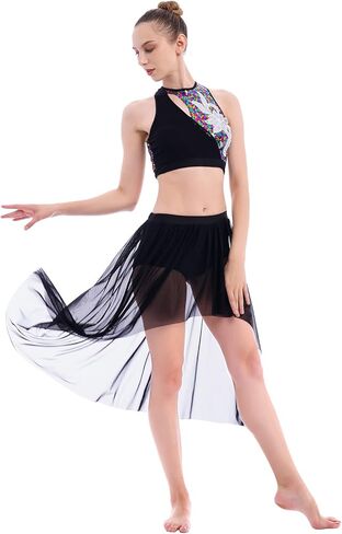 ODASDO النساء 2 قطعة ملابس رقص غنائية الكبار الحديثة المعاصرة Dancewear الترتر المحاصيل الأعلى شبكة تول يوتار تنورة in Saudi Arabia