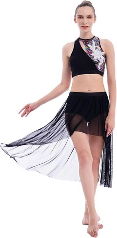 ODASDO النساء 2 قطعة ملابس رقص غنائية الكبار الحديثة المعاصرة Dancewear الترتر المحاصيل الأعلى شبكة تول يوتار تنورة in Saudi Arabia