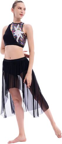 ODASDO النساء 2 قطعة ملابس رقص غنائية الكبار الحديثة المعاصرة Dancewear الترتر المحاصيل الأعلى شبكة تول يوتار تنورة in Saudi Arabia