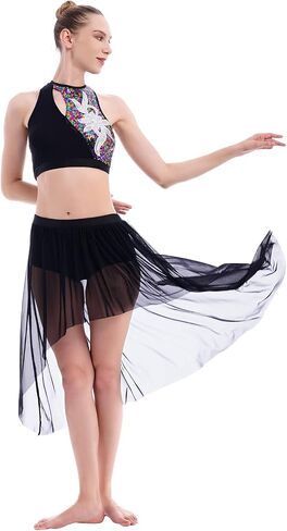 ODASDO النساء 2 قطعة ملابس رقص غنائية الكبار الحديثة المعاصرة Dancewear الترتر المحاصيل الأعلى شبكة تول يوتار تنورة in Saudi Arabia