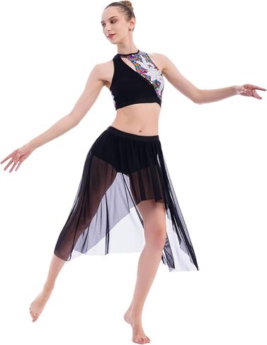 ODASDO النساء 2 قطعة ملابس رقص غنائية الكبار الحديثة المعاصرة Dancewear الترتر المحاصيل الأعلى شبكة تول يوتار تنورة in Saudi Arabia
