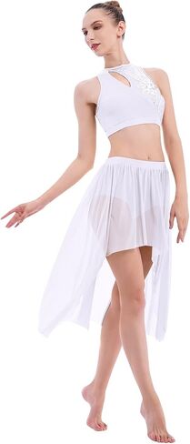 ODASDO النساء 2 قطعة ملابس رقص غنائية الكبار الحديثة المعاصرة Dancewear الترتر المحاصيل الأعلى شبكة تول يوتار تنورة in Saudi Arabia