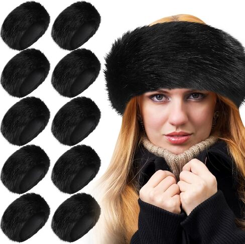 Suhine 10 قطع من عصابة الرأس من الفرو الصناعي مع عصابة رأس مرنة قابلة للتمدد لتدفئة الأذن للنساء، عصابة رأس من الفرو الغامض، أسود in Saudi Arabia