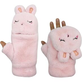 RARITYUS Women Girls Gloves Warm Soft Cute Cartoon Plush Convertible Flip Top Winter Fingerless Thick Mittens for Teen