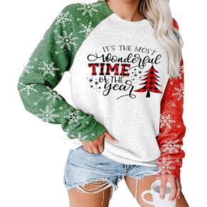 TAOHONG Merry Christmas Sweatshirt Women Xmas Buffalo Plaid Tree Color Block Christmas Snowflake Print Long Sleeve Top Shirts