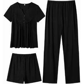 SWOMOG Women's Maternity Nursing Pajama Set 3 Pieces Breastfeeding Sleepwear Set Short Sleeve Pregnancy Pj Set & Pants