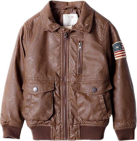 ZPW Kids PU Leather Flight Bomber Aviator Jacket with Removable Faux Fur Collar in Kuwait