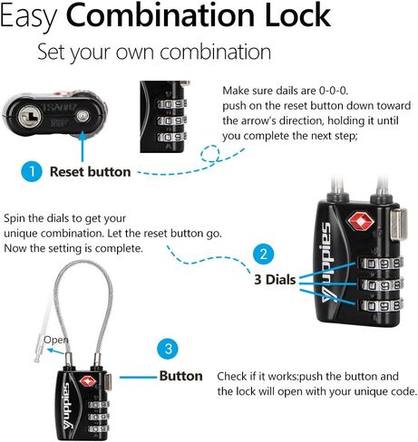 أقفال أمتعة معتمدة من إدارة أمن المواصلات الأمريكية، قفل حقيبة ظهر سهل إعادة الضبط، قفل سفر لحقيبة السفر، 1،2 و4 عبوات (عبوتان أسودتان) in Kuwait