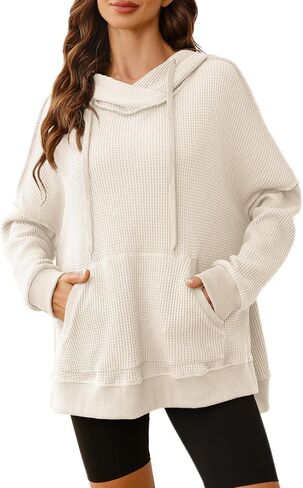 Glamaker Women's Waffle Knit Oversized Hoodies Pullover 2023 Fall Cute Trendy Hooded Sweatshirt Drawstring Casual Outfits in Kuwait