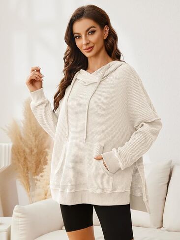 Glamaker Women's Waffle Knit Oversized Hoodies Pullover 2023 Fall Cute Trendy Hooded Sweatshirt Drawstring Casual Outfits in Kuwait